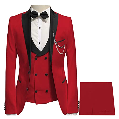 Men's Suit Three Piece Wedding Prom Tuxedo Sets Shawl Casual Slim Business Formal Wear Two Buttons Sport Jacket (Red,Xx-Large,5,Oz) #TOP21