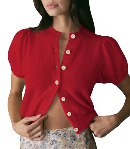 Womens Lightweight Summer Puff Short Sleeve Cardigan Sweaters Button up Y2k Knit Thin Cropped Cardigans