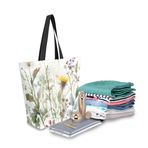 Extra Large Shoulder Tote Bag for Beach Travel Weekender Gym Watercolor Wildflowers Green Leaves Botanical Reusable Grocery Canvas Shopping Bag3