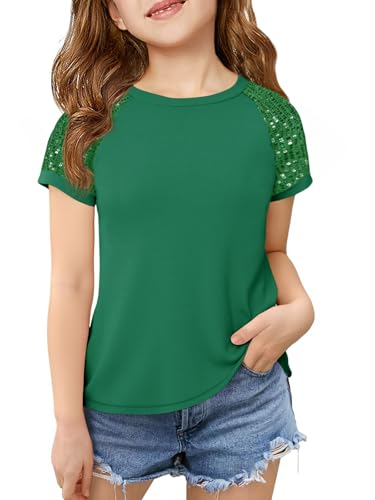 Image of Haloumoning Girls Sequin Short Sleeve T Shirts Kids Summer Crewneck Tops Fashion Tees 5-14 Years
