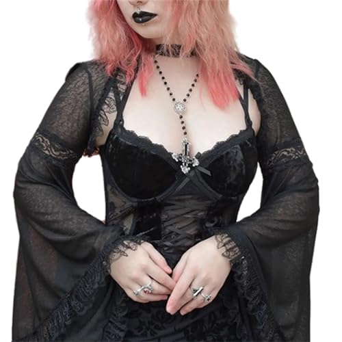 Image of Women Gothic Crop Top Shirt Y2K Black Bell Sleeve Shawl Cardigan