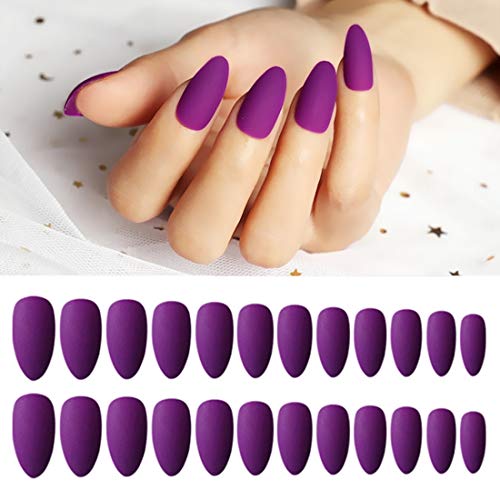 Umillars 24pcs Matte Pure Color Stiletto Nails False Gel Nails Art Tips Sets Full Cover Medium Almond Shape Acrylic Fake Nail Tips Gel (Matte purple)