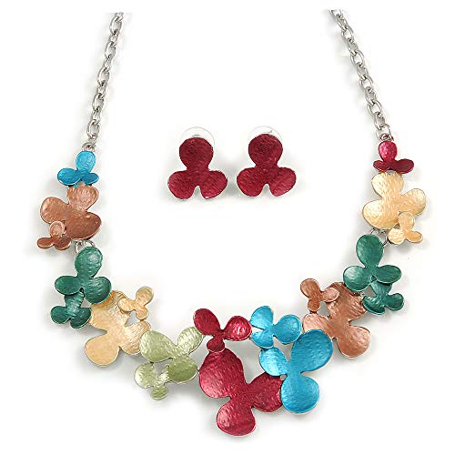 Collar y pendientes de tuerca florales en esmalte multicolor con cadena de 46 cm