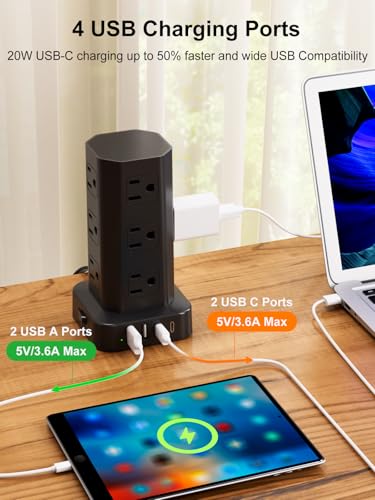 Power Strip Tower Surge Protector, 6FT Flat Plug Extension Cord with Multiple Outlets, 12 AC Outlets 4 USB (2 USB C), Desktop Charging Station with Surge Protection for Home Office Dorm Room, Black - Image 5