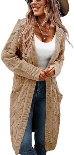 Women's Hooded Open Front Long Cardigan Cable Knit Sweaters Side Pocket Oversized Chunky Cardigan Outwear Coat