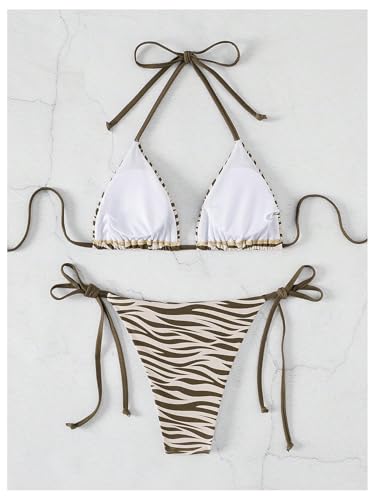 SweatyRocks Women's 2 Piece Bikini Set Zebra Print Triangle Halter Swimsuit Backless Tie Side Brazilian Bathing Suit2