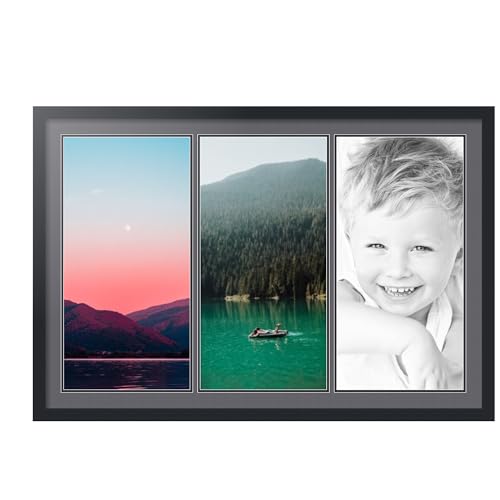 ArtToFrames Collage Picture Frame 3 Opening 3-12x24 Photo Frame | Made in USA | Black Frame Mountain Grey and Black Mats | Wall Mount Multi Photo Display 44X30 Full Size