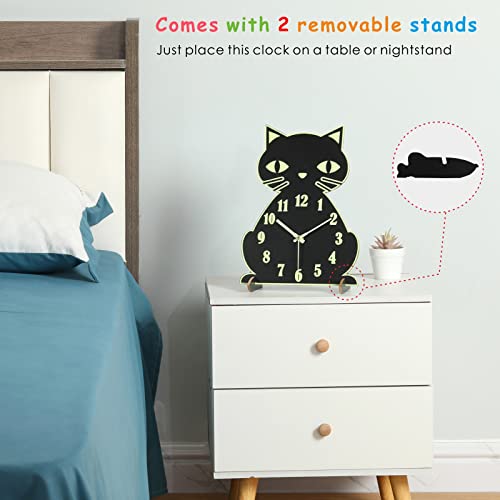 Plumeet Night Light Wall Clock For Kids, Cute Cat Wall Clocks Glow In Dark For Bedroom, Desk Wall Clock For Kids Room Decor, Silent Wood Clocks Battery Operated #TOP5