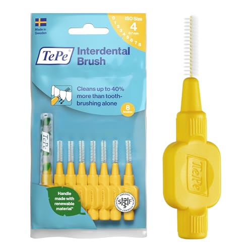 Brossettes Interdentaires TePe, Originales, Jaune 0.7mm/ISO 4, 8pcs, élimine la plaque dentaire, nettoyage efficace entre les dents, pour espaces...