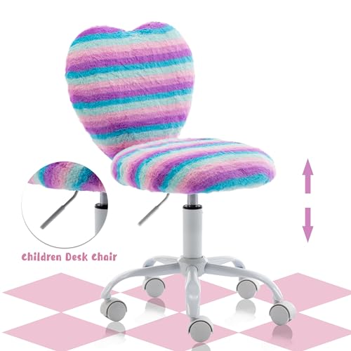 Image of Kmax Kids Reading Chair, Rolling Cute Desk Chair for Girls Swivel Office Chair with Wheels & Heart Back Adjustable Childrens Vanity Chair for Bedroom Reading Room - Faux Fur, Rainbow