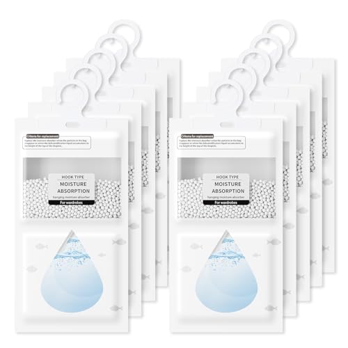 10 Pack Wardrobe Dehumidifier Hanging Bags Advanced Spherical Calcium Chloride 3-Day Fast Acting Moisture Absorbers Damp Mould & Condensation Remover for Home Bathroom Basement Caravan