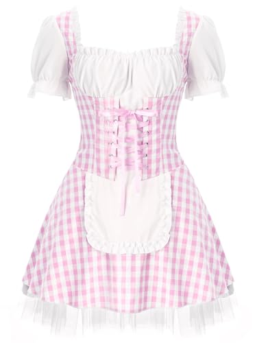 Sywiyi Women's French Maid Costume Short Puff Sleeve Frilly Plaid Apron Dress Halloween Anime Cosplay Outfits Pink Small