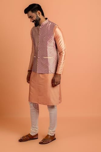 Image of KISAH Men's Nehru Jacket, Mauve Silk Blend, Jacquard Regular Fit Mandarin Collar Long Sleeves (38)