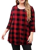 MONNURO Womens 3/4 Sleeve Tops Casual Loose Fit Swing Plus Size Tunic Blouse Basic Shirts(Plaid Red,2X)