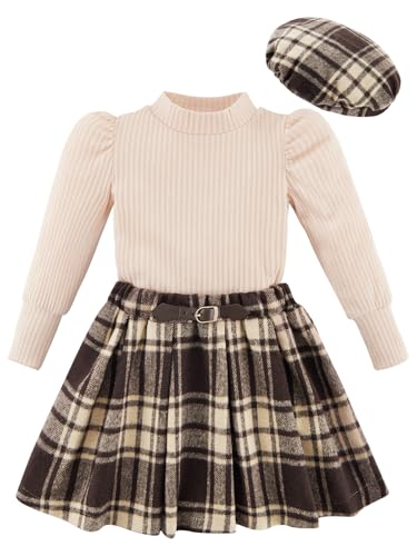 Image of Toddler Girl Outfits Puff Sleeve Ribbed Shirt Knitted Tops Pleated Plaid Skirt Set with Hat 3Pcs Fall Winter Clothes