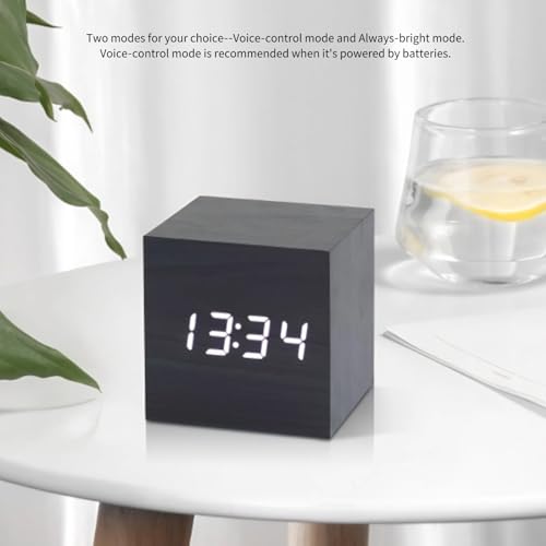 Réveil numérique bois noir cube 6cm LED blanche à commande vocale - 5