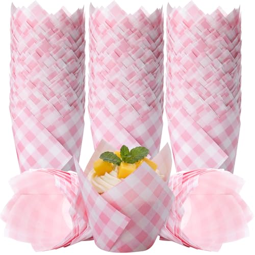 Maxdot 200 Pcs Pink Gingham Tulip Cupcake Liners for Baking