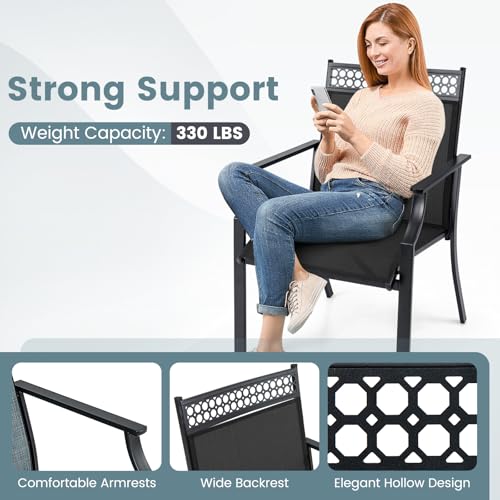 Image of Giantex Patio Chairs Set of 4, Outdoor Chairs with All Weather Fabric, High Backrest, Armrests, Heavy Duty Metal Armchair, Outside Dining Chairs for Porch Lawn Garden Yard Pool, Black
