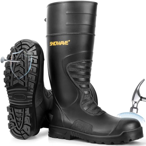 Showave Men's Steel Toe Rubber Boots Kevlar Sole Safety Work Boot Puncture-Proof Rain Boot Slip & Oil Resistant Outsole for Industrial Construction Agriculture, Size 11 Black