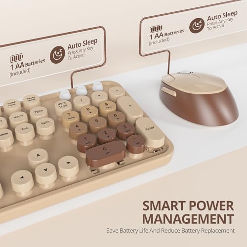 Image of Owpkeenthy Brown Keyboard and Mouse Wireless, Cute Colorful Typewriter Keyboard Full-Sized with Number Pad Round Keycaps for Desktop, Laptop and Computer(Gradient Brown)