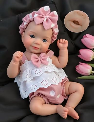Muñeca bebé silicona 26 cm boca móvil ojos abiertos miniatura 1