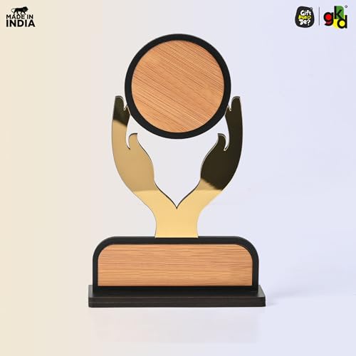 Image of GKD Wooden Trophy with Golden Acrylic | Self-Customizable with Sticker Award /Memento for Events, Corporate Gifting, School Functions & Achievements (Golden Gratitude - Self)