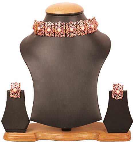 Image of Touchstone Mughal Jali Collection Gold Tone Indian Mughal Bollywood White Diamante Jewelry Choker Set for Women