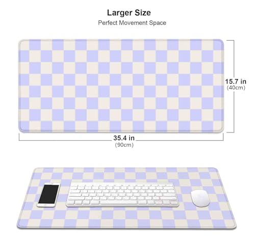 Image of Pastel Purple Checkered Desk Mat, Aesthetic Pink Pattern Office Decor Extra Large Mouse Pad, Laptop Pad Mat, Game Mat, 35.4 x 15.7 in