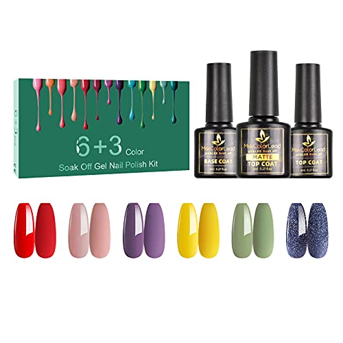 Gel Nail Polish Set 6 Colors, Popular Nail Art Colors UV LED Soak Off Nail Gel Kit (6+3)