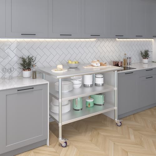 Image of AmGood Stainless Steel Work Table with 2 Shelves and Casters | Metal Utility Table On Wheels (Stainless Steel Work Table with 2 Shelves + Casters, 48 inch Long x 30 inch Deep)