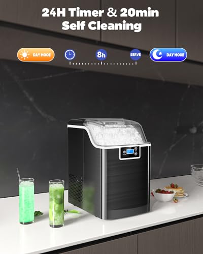 Kndko Nugget Ice Makers Countertop,45lbs/Day,Countertop Ice Maker Crushed Ice,24H Timer,3.3 Pounds Basket,Self Cleaning Ice Maker,Pellet Ice Maker for Home Bar Party,Stainless Steel Ice Machine