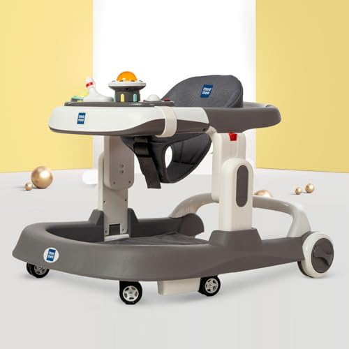 Image of Mee Mee 2-in-1Baby Walker | 3 Level Adjustable Height | Musical Detachable Toy Bar with Lights | Compact and Portable | Washable Cushioned Walker | Age 6-18 Months| 15kg | Grey
