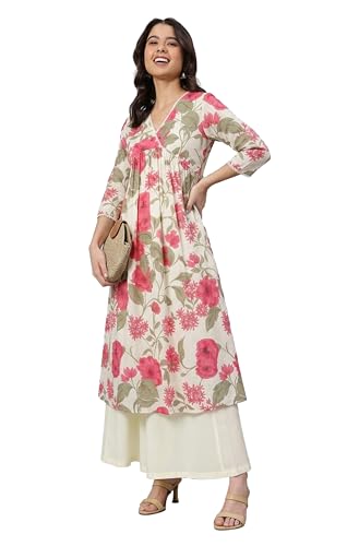 Image of Janasya Women's Pure Cotton Floral Printed Flared Kurta