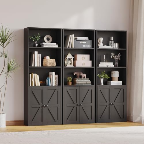 MXV Bookshelf Bookcase with Doors, 5 Tier Wooden Storage Shelves Organizer, Floor Standing Display Cabinet Shelves, Home Decor Furniture for Home Office, Living Room, Bedroom, Black - Thumbnail 6