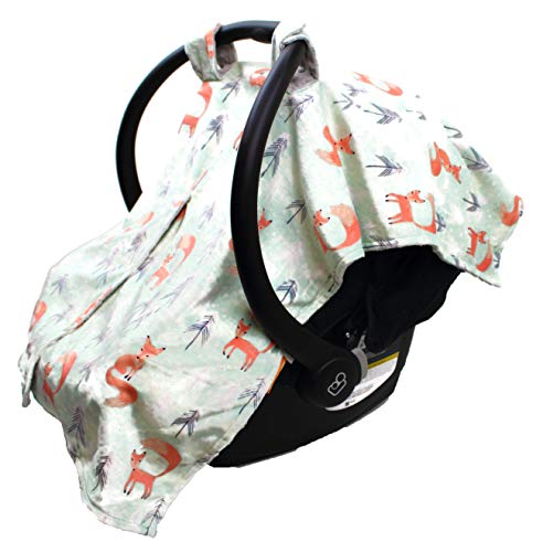 Image of Dear Baby Gear - Baby Car Seat Canopy - Infant Car Seats Covers - Carseat Canopies for Boys and Girls - Toddler Carseat Cover with Snap Opening (Woodland Foxes and Pine Trees, Light Gray 40 inchx30 inch)