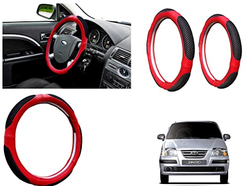 Image of Microfiber Car Steering Wheel Cover, Soft Padding Great Hand Feel, Anti-Slip, Faux Leather Steering Cover for Hyundai Santro | Black Red Jali - Pack of 1