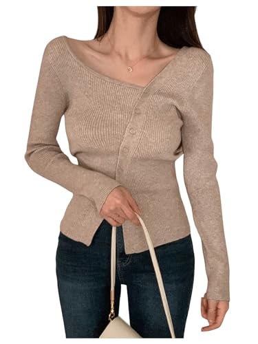 GORGLITTER Women's Off The Shoulder Sweater Tops Button Up Lightweight Y2k Cute Long Sleeve Fall Sweaters3