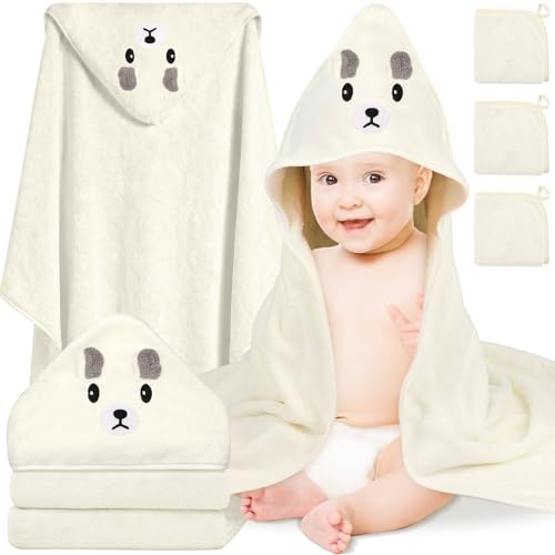 Image of Sublaga 4 Pcs Baby Towels Set, 32x32 in Hooded Bath Towel and 3 Pcs Baby Washcloths for Newborns, Toddlers, and Kids, Soft Baby Towels and Washcloths Set for Boys and Girls (White Bear)