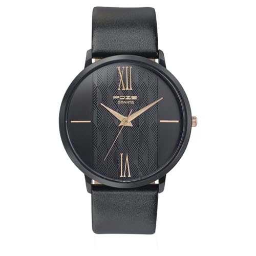 Image of Sonata Poze Quartz Analog Black Dial Leather Strap Watch for Men-SP70004KL02
