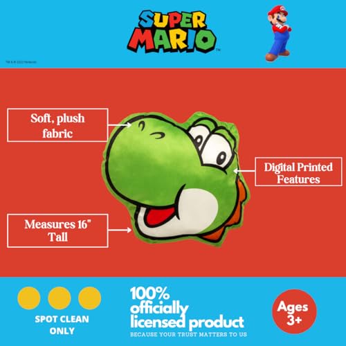 Image of Nintendo Super Mario Yoshi Gaming Bedding Super Soft Plush Decorative Pillow, One Size, (Officially Licensed Product) By Franco