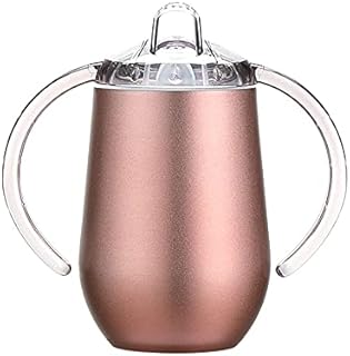 Stainless Steel Straw Sippy Cup with Handles & Silicone Lids,10 oz BPA Free Double Wall Vacuum Insulated Sippy Cup Mug Tumbler Toddler Straw Cups for boys and girls Non-Spill Sippy Cups (Rose Gold)