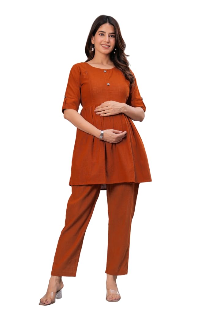 Maternity Kurti Pant Set, Cotton Slub, Three Quarter Sleeve, Round Neck, Rust Orange, Side Zip for Nursing-image-31