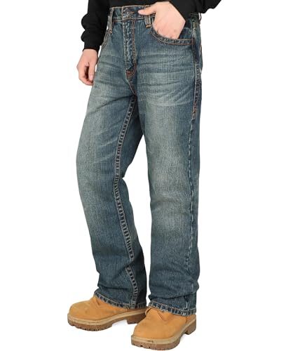 Image of BOCOMAL Non FR-Men's Heavyweight Dura-Rugged Work Jeans Mid Rise Relaxed Fit Boot Cut 7 Utility Pockets Retro Washed Jean