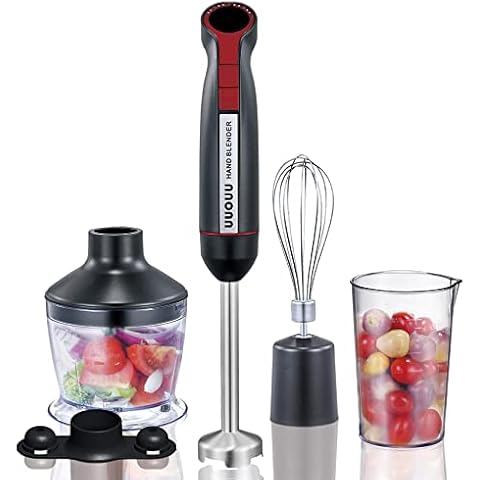 Hand Blender 4 in 1 UUOUU 800W 20 Speed Hand Blender with 500ml Food Processor, 600ml Beaker, Whisk, Robust Stainless Steel Blade, Red / Black (HB-1580T) Cover