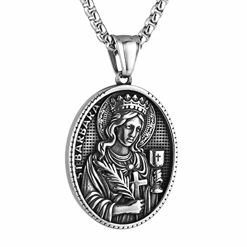 HZMAN Collar de medalla de Santa Bárbara para hombres y mujeres, retro, religioso, de acero inoxidable, amuleto de oración, joyería, regalo