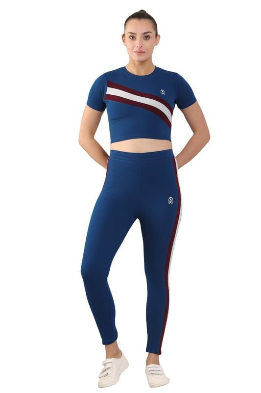 women's solid stripes track suit top & leggings pants yoga | joggers, gym, active lower wear outfit set for girls and women's| round neck women top & bottom set