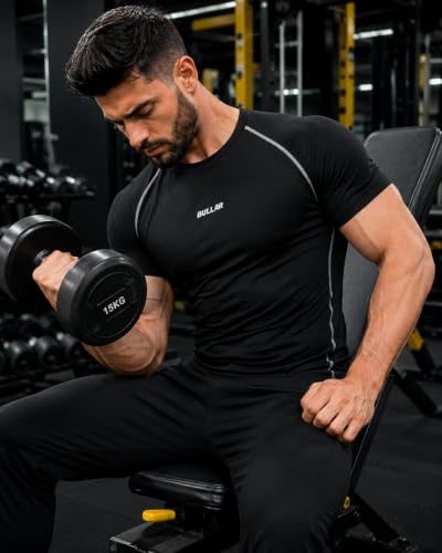 Image of BULLAR Men's Polyester Blend Compression T-Shirt, Half Sleeve Athletic Sports Tight, Crew Neck, Slim Fit Tshirt for Fitness and Workout