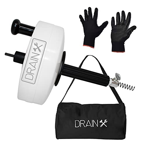 DrainX Power Pro 50-FT Steel Drum Auger Plumbing Snake with Drill Attachment | Drain Snake for Manual or Powered Use | Heavy Duty Drain Cleaning Cable with Work Gloves and Storage Bag Included