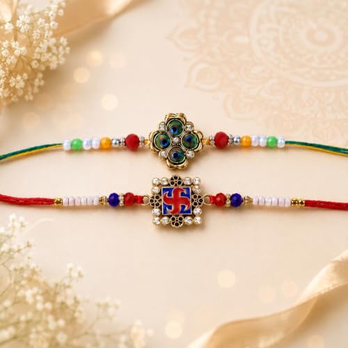 Image of DeoDap Rakhi with Chocolate for Brother - Swastik & Peacock Feather Design Rakhi 2 Pc with Chocolate, Silver Color Coin, Greeting Card & Tilak Set - Raksha Bandhan Combo Set for Bro (K2 1251+1866 AS96)