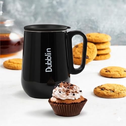 Image of DUBBLIN Rugby Stainless Steel Unbreakable Tea Coffee Mug Double Wall with Handle and Lid Wide Mouth Keeps Beverages Hot & Cold 270 ML Black